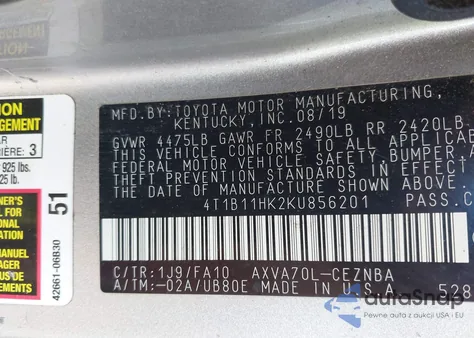 2019 Toyota Camry Le z USA, uszkodzony, nr VIN 4T1B11HK2KU856201